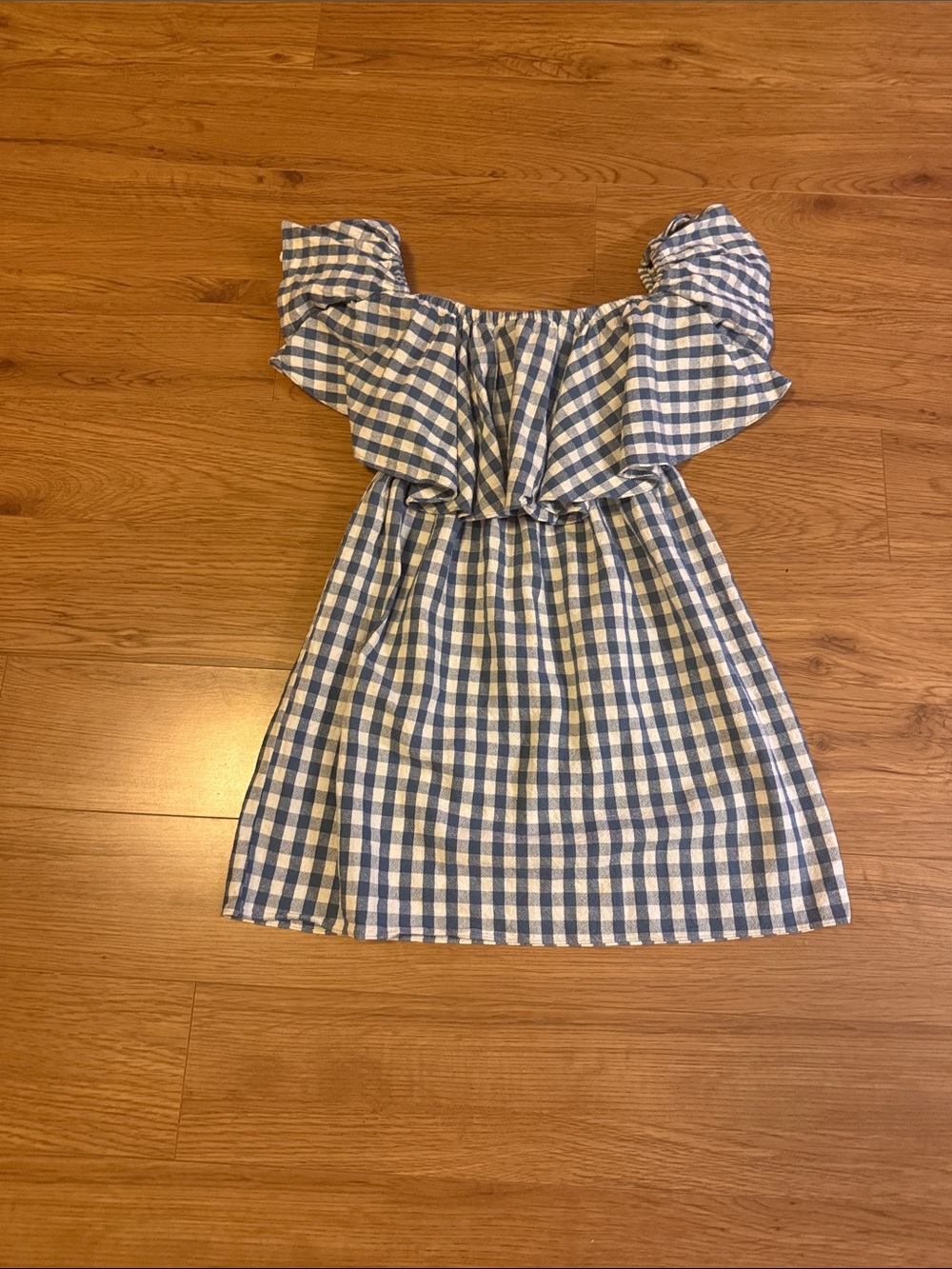 Frame Denim Blue Gingham Ruffle Off-Shoulder Dress